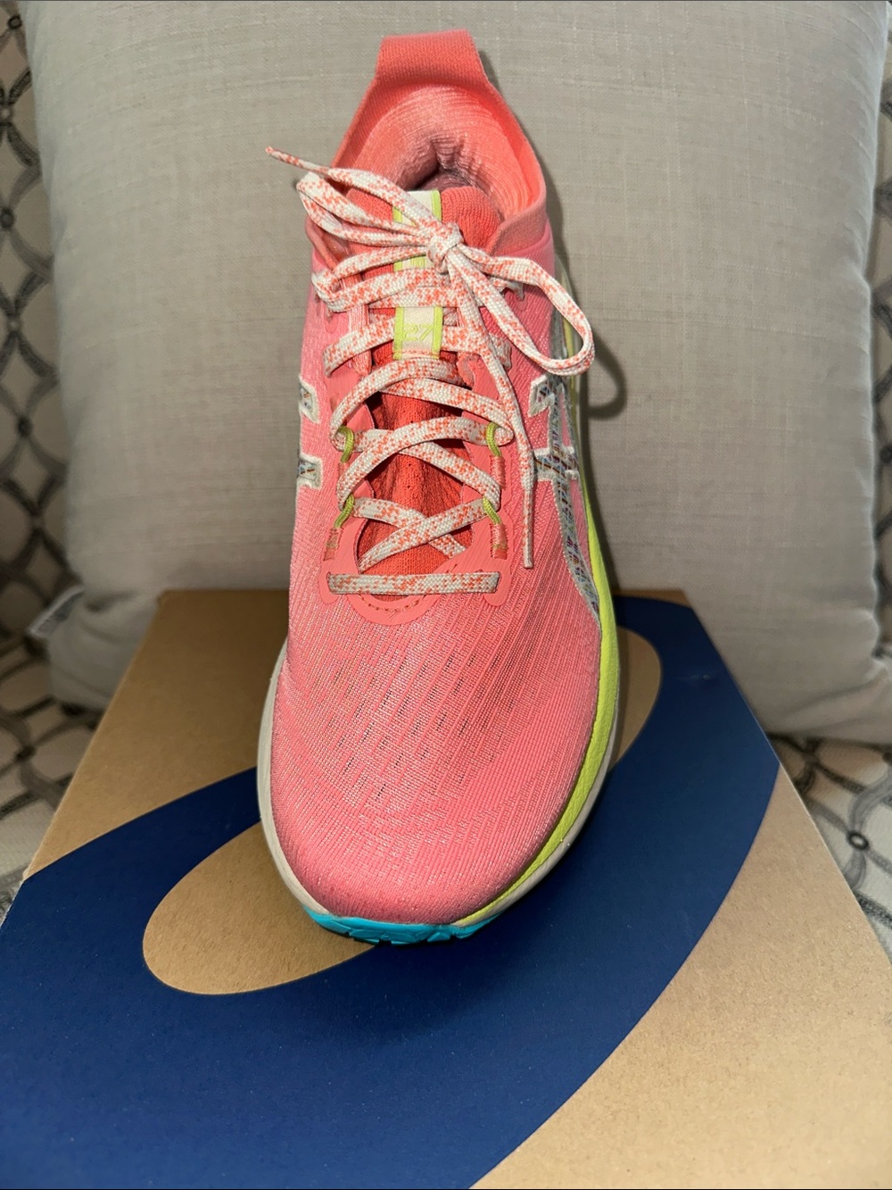Asics Coral Pink Running Shoe with Neon Yellow Accent